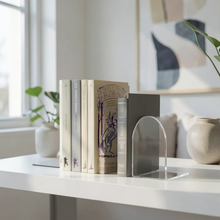 modern bookends on shelf in living room